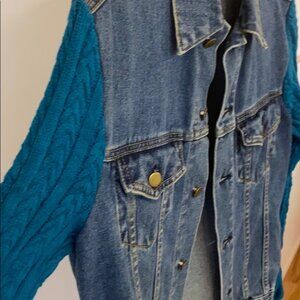Denim jacket with cable knit arms